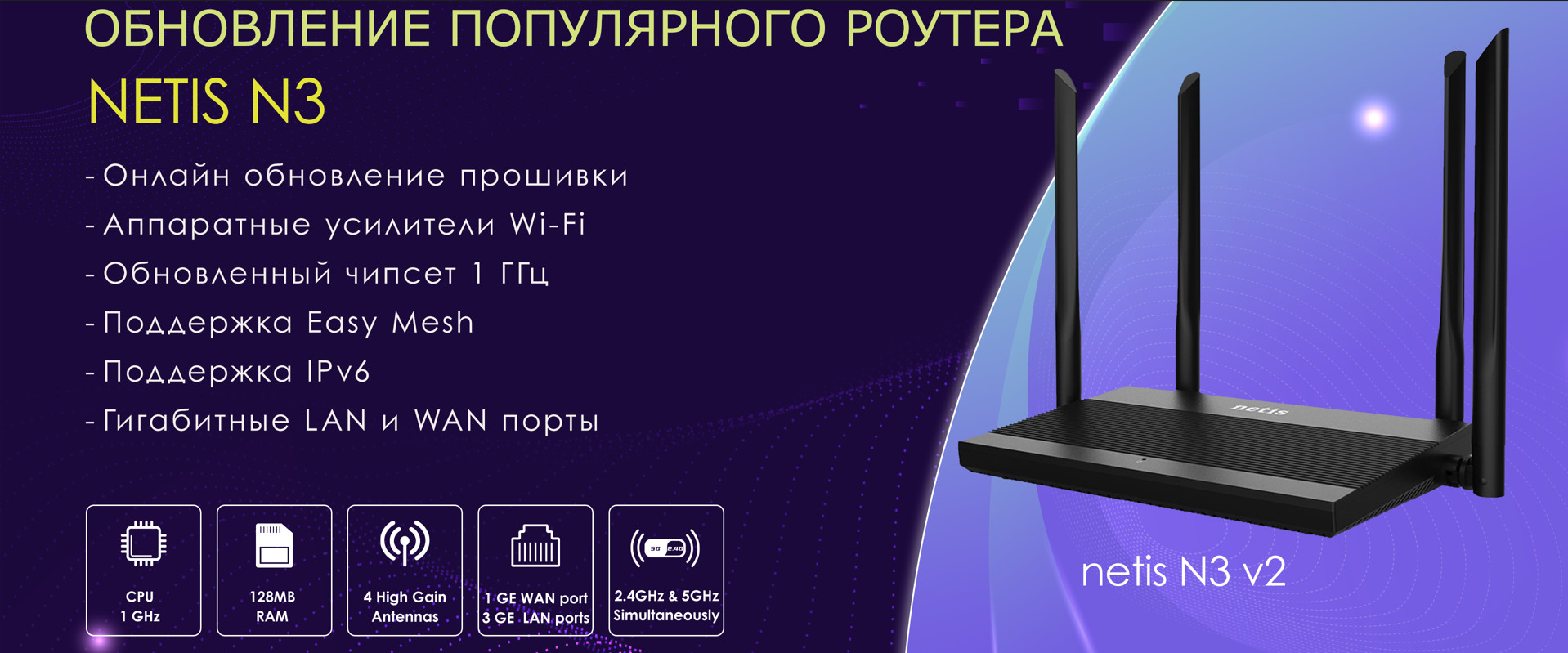 картинка Маршрутизатор Netis N3 (AC1200 802.11ac/4x5dBi/2.4+5 GHz/3xGbLAN/128Mb) АС